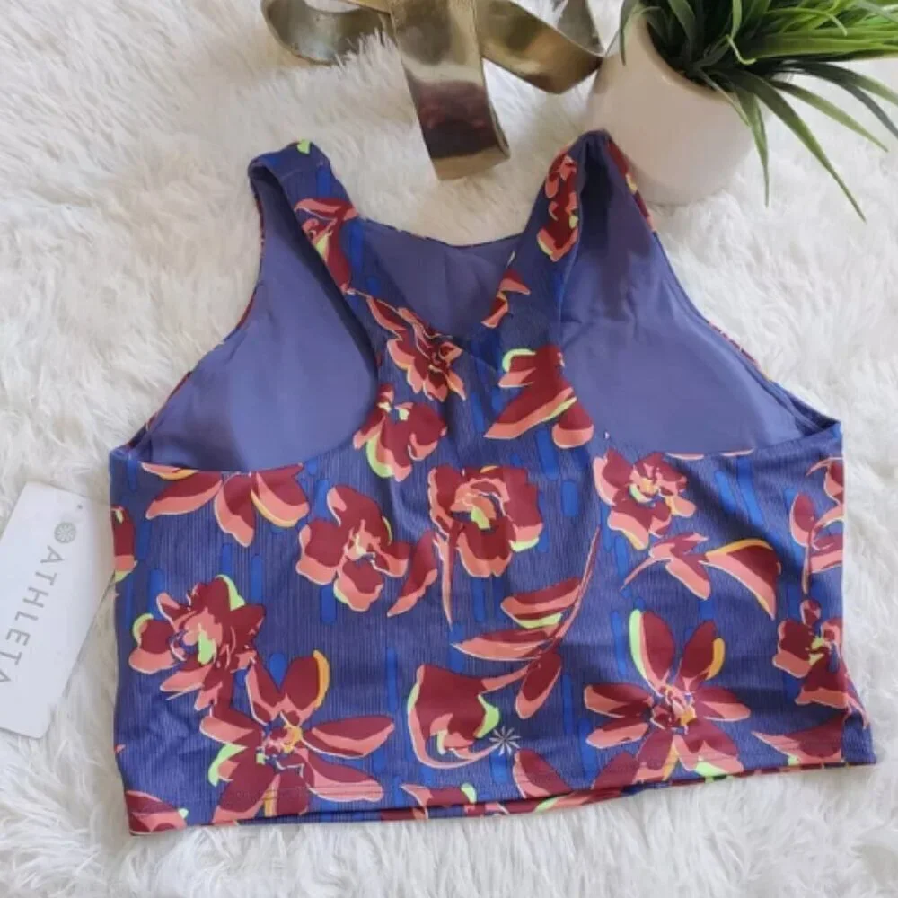 ATHLETA Conscious Crop YOGA Top Bra Bralette Blue Floral Print BUTTERY SOFT $64